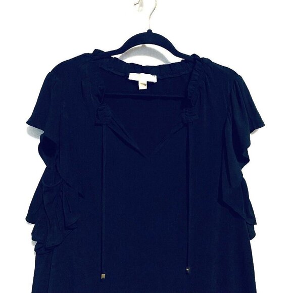 Michael Kors Dress Womens 1X Black Flutter Ruffle Sleeve Tie Neck Stretch Jersey - Picture 2 of 5